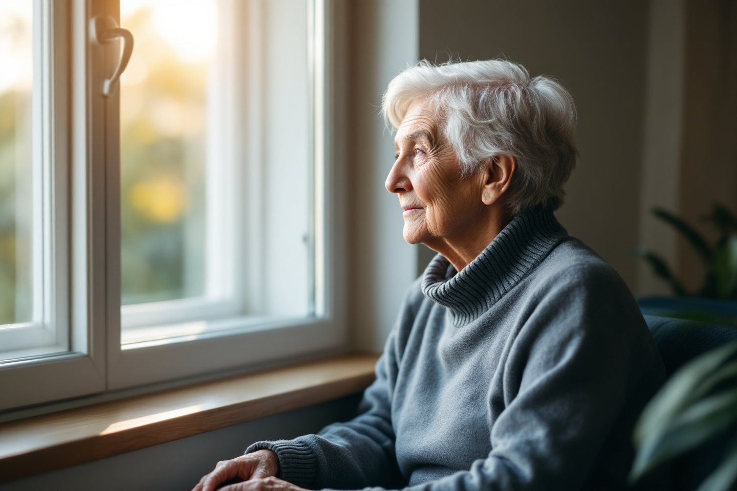 Persona mayor mirando por la ventana